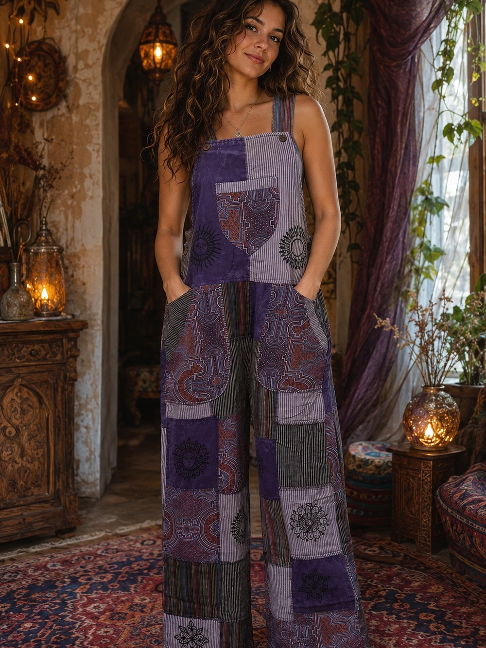 Rising International Purple Patchwork Wide-Leg Overalls